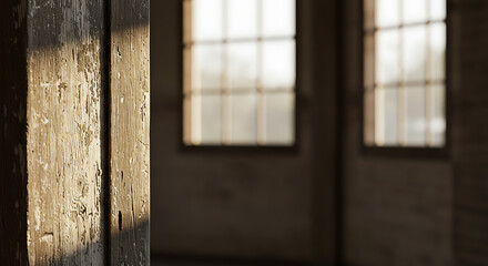 Old Wooden Post with Peeling Paint in a Dilapidated Room