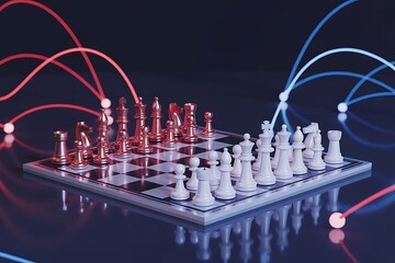 Strategic chess game with dynamic red and blue lines representing competitive business concepts and global connections