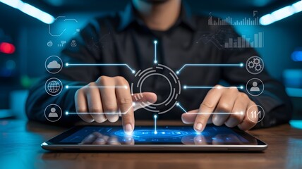 Futuristic digital interface with glowing icons and data visualization technology