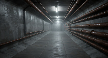 Empty Industrial Corridor with Rusted Pipes and Concrete Floor