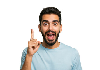 Fototapeta premium Man with a bright idea pointing upwards with an excited expression isolated on transparent background