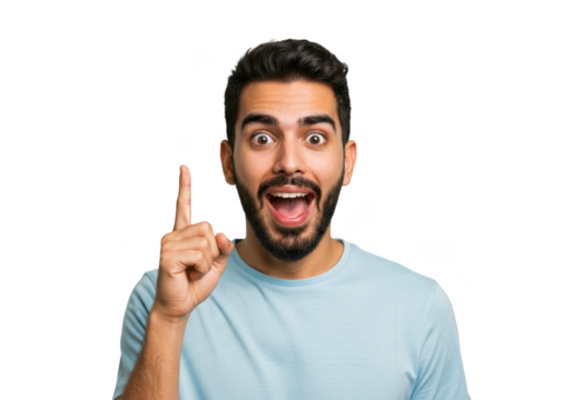 Man with a bright idea pointing upwards with an excited expression isolated on transparent background