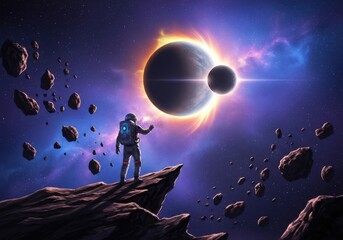 Fototapeta premium An astronaut stands on a cliff, gazing at a solar eclipse in a vibrant, colorful, and surreal space landscape