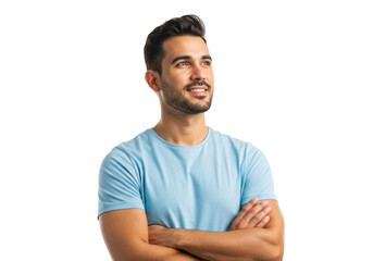 Obraz premium A confident young man with crossed arms and a slight smile looking upwards isolated on transparent background