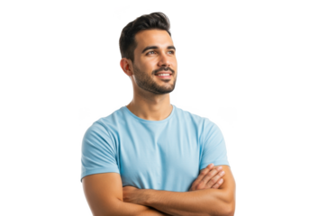 A confident young man with crossed arms and a slight smile looking upwards isolated on transparent background