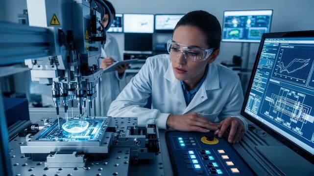 Engineers calibrating microbattery deposition parameters on smart contact lens substrates using computercontrolled machinery.