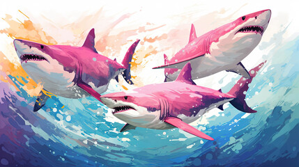 Sharks with wide open mouths swim through splashing water and dynamic colorful paint strokes in a dramatic action-packed ocean encounter