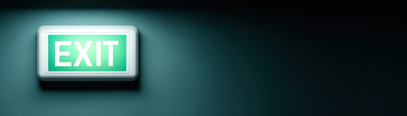 Bright Green Exit Sign Illuminating Dark Wall in Modern Design Environment