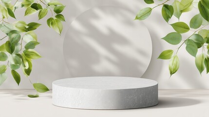 Podium background for skincare products display, podium display in white marble, showcase scene for the present product, and a mock-up, with a clean and bright background, templates with natural green