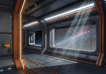 Futuristic spaceship corridor interior with science fiction technology and modern design