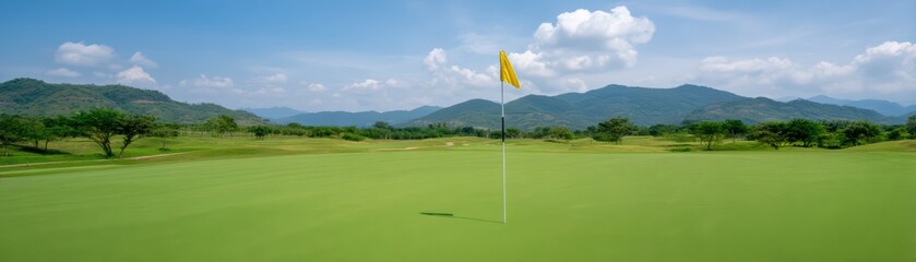 Obraz premium Expansive Green Golf Course Landscape Under Bright Blue Sky with Majestic Mountains in Background