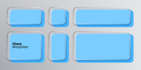 Set of liquid glass morphism elements on sky blue background for modern user interface and web design.