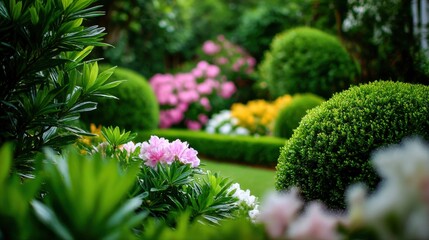 Garden with rhododendrons in bloom