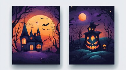 Two halloween themed illustrations with a haunted house and pumpkin man