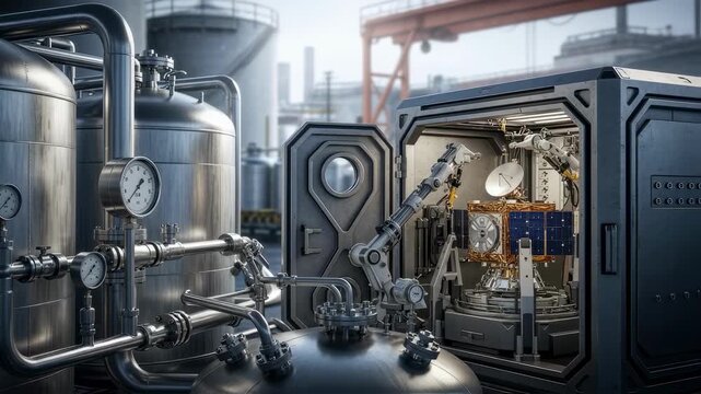 Industrial xenon storage tanks connected to a specialized satellite filling bay showcasing complex piping and pressure gauges.