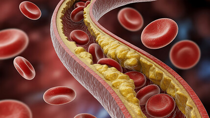 Medical illustration depicting cholesterol buildup and blood flow in an artery