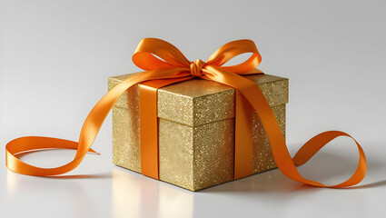 Luxury gold glitter gift box mockup tied with orange ribbon