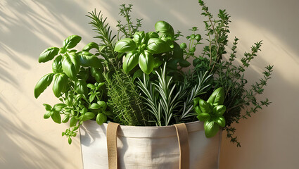 Linen tote bag filled with fresh herbs on beige background