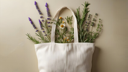Linen tote bag with herbs and flowers on neutral-toned background