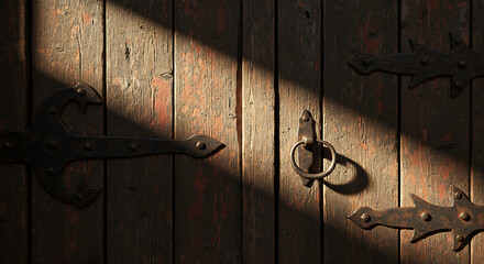 Old Wooden Door with Peeling Paint and Rusted Metal Fittings