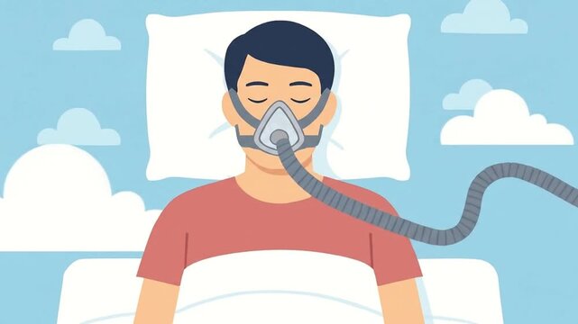 A man sleeping with a cpap mask to treat sleep apnea, ensuring restful night and improved health, with clouds in the background, vector illustration