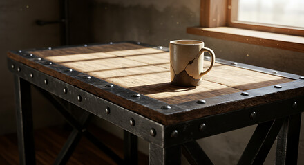 Rustic Industrial Work Table with a Chipped Ceramic Mug