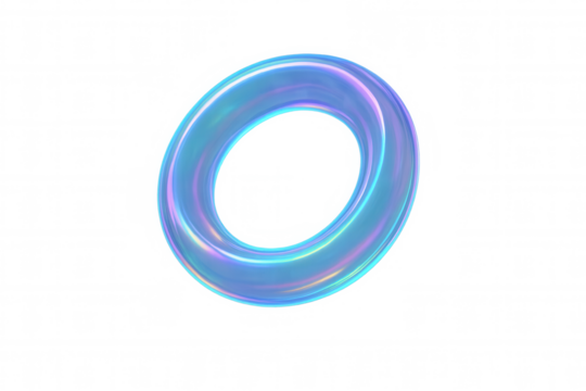 Holographic torus glowing with iridescent hues, floating against transparent surface, highlighting digital art design potential