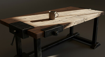 Rustic Work Table with a Single Empty Mug and Sunlight