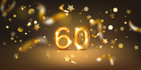 Golden balloon in the shape of the number 60, set against a dark background filled with soft bokeh lights and scattered golden stars and ribbons, creating a festive and celebratory atmosphere.