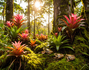 Group Frogs Among Bromeliads Tropical