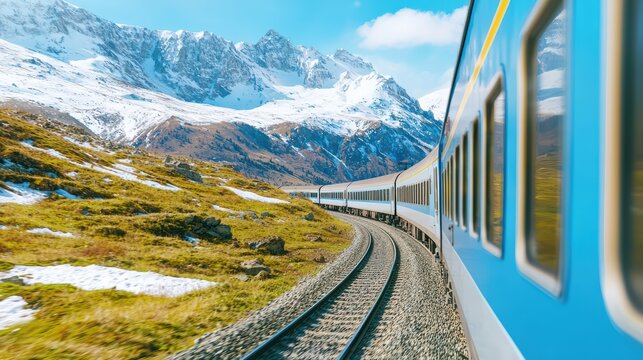 Scenic Train Journey Through Snow-Capped Mountains and Green Fields in Bright Daylight - Powered by Adobe
