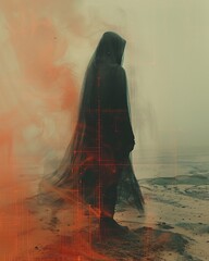 Cloaked Figure on Misty Beach with Red Atmospheric Glow