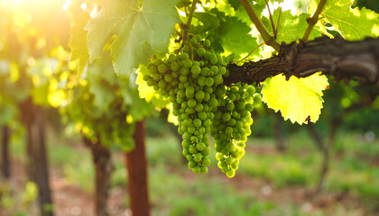 Green grapes ripening on the vine in sunlight agriculture and viticulture