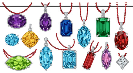 Assortment of gemstone pendants with silver bails and red beaded chains in various shapes and colors
