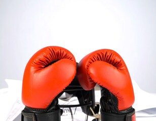 A pair of striking red boxing gloves resting on a helmet, symbolizing strength