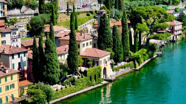 Villa Fogazzaro Roi in Lake Lugano, Valsolda, Italy. A small Italian town by the lake in Albogasio Oria. Aerial 4K drone video footage