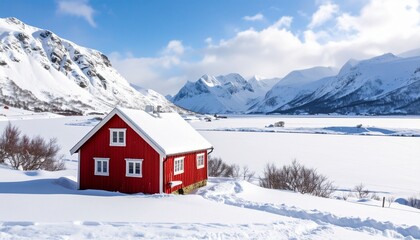 A small red cabin stands alone in a vast snowy landscape surrounded by mountains, evoking solitude, winter peace, and minimalism.