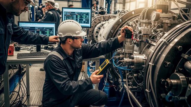 Technicians adjusting the pressurelubrication parameters on an offshore tidal turbine gearbox test rig to assess performance under tidal flow stress.