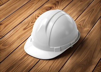 A white hard hat on a wooden surface, symbolizing safety and protection in construction and industrial work isolated on white background, showcasing the importance of safety gear