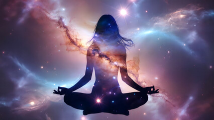 Meditating woman silhouette with a cosmic galaxy and star overlay for spirituality, mental health, and wellness concepts