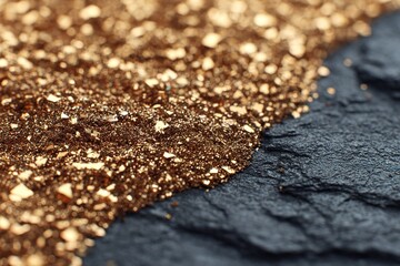 Sparkling gold glitter contrasts with textured black surface in an artistic composition