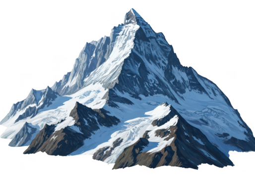 A snowcapped mountain peak is isolated on transparent background