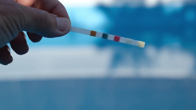 Pool Test Strip in the Human Hand on  Blue Pool Background. Pool Water pH. Water Balance. Pool Chemistry Concept.