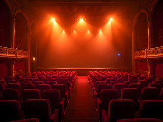 Fototapeta premium Empty Theater with Red Seats and a Lit Stage