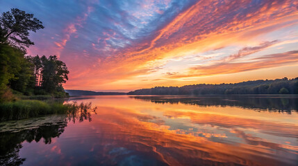 Fototapeta premium Beautiful sunset reflecting on the lake in a scenic landscape