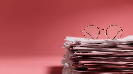 Round Glasses on Stack of Papers with Pink Background