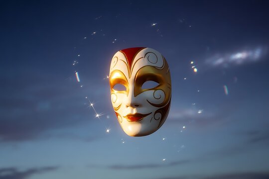 Elegant Venetian mask floating in a celestial sky with sparkling light, perfect for celebrations
