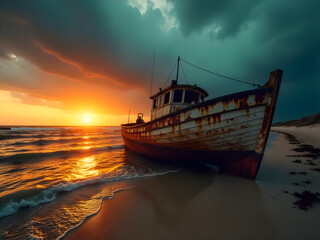 Obraz premium Old Fishing Boat on a Beach at a Dramatic Sunset