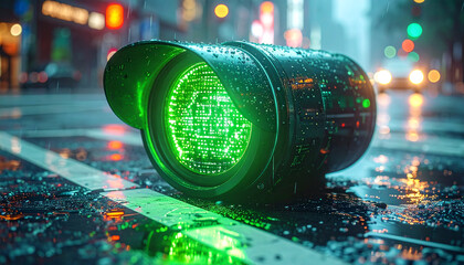 Green Light of the Future: The image highlights a futuristic green traffic light in a city environment, signaling movement and progress with digital innovation.