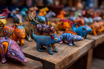 Vibrant alebrijes animals displayed on a rustic wooden table at a Mexican artisan market, handcrafted details and vivid colors.